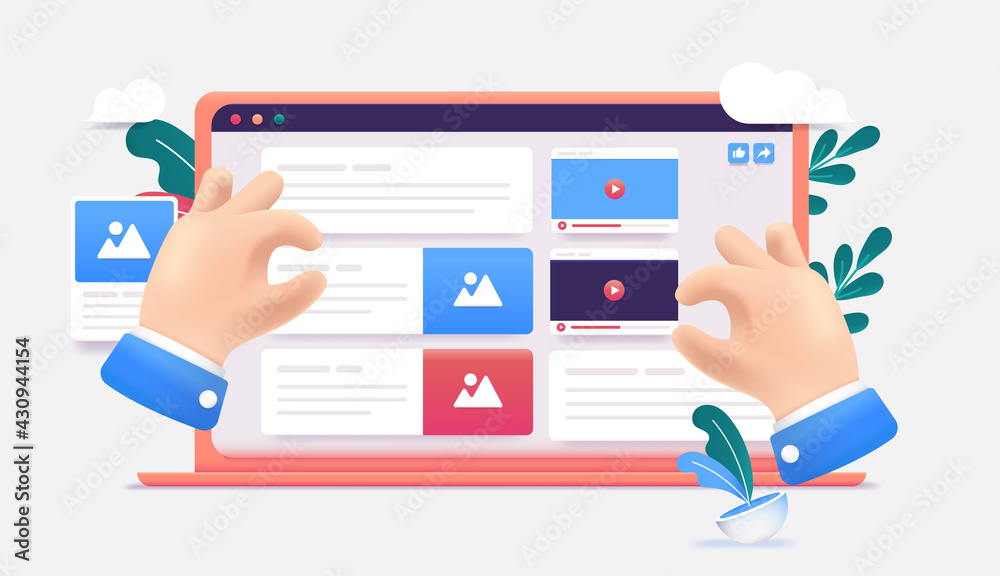 Fototapete Web content creation - Illustration of hands building user interface with images, text and video. Website building and strategy concept. Vector format.