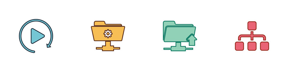 Set Video play button, FTP settings folder, upload and Hierarchy organogram chart icon. Vector