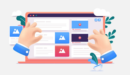 Web content creation - Illustration of hands building user interface with images, text and video. Website building and strategy concept. Vector format.