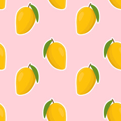 Seamless vector pattern with mango on a pink background. Suitable for the design of textile fabric, wrapping paper, and wallpaper for websites. Vector illustration.