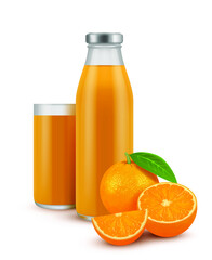 Fresh orange juice and pieces of orange on white. Realistic vector illustration