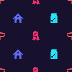 Set Bag of food for pet, Veterinary medicine hospital, Dog award symbol and Collar with name tag on seamless pattern. Vector