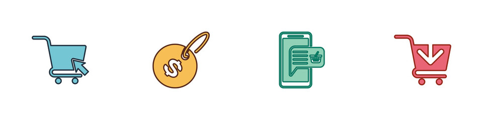 Set Shopping cart with cursor, Price tag dollar, Mobile and shopping basket and Add to icon. Vector