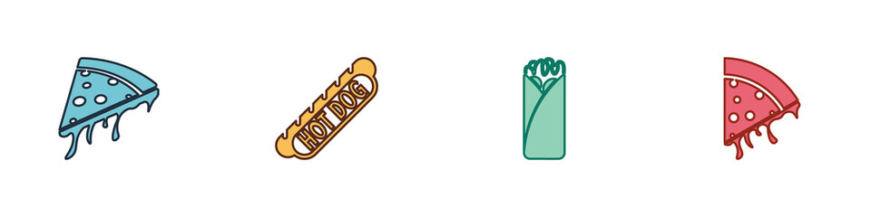 Set Slice of pizza, Hotdog sandwich, Burrito and icon. Vector