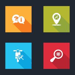 Set Question and Exclamation, Location service, Scooter and Microorganisms under magnifier icon. Vector