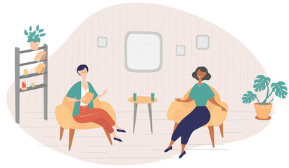 Interview on TV and on the Internet. Presenter talks to guest of show. Young women sit in armchairs and communicate. Vector flat hand drawn illustration