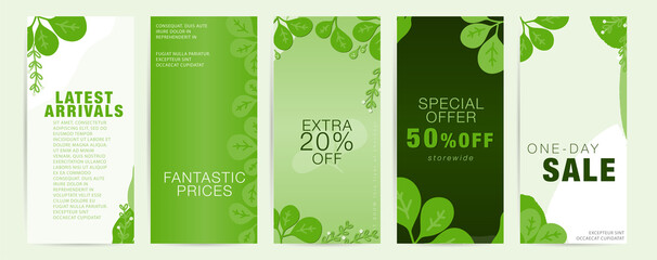 Spring summer vertical long flyer set with leaves and promotional text, special offer, sale announcements. Abstract botanical background for business advertisement.