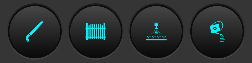 Set Garden saw, fence, Automatic irrigation sprinklers and Watering can icon. Vector