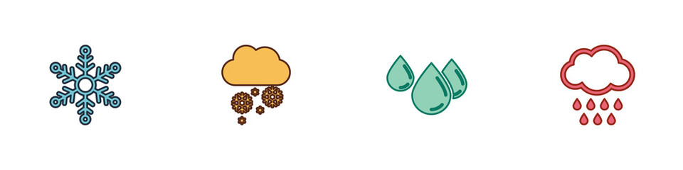 Set Snowflake, Cloud with snow, Water drop and rain icon. Vector