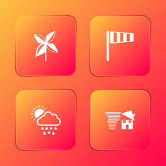 Set Pinwheel, Cone windsock wind vane, Cloud with snow, rain, sun and Tornado swirl icon. Vector