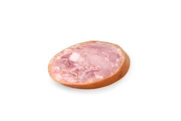 Sliced smoked sausage isolated on white background.