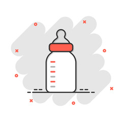 Baby bottle icon in comic style. Milk container cartoon vector illustration on white isolated background. Drink glass splash effect business concept.