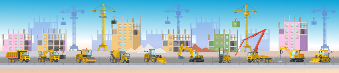Panorama of construction site. Сonstruction with construction site truck, excavator, crane, roller, drill, loader bulldozer, road roller, drilling tractor, dump truck, concrete mixer, forklift.