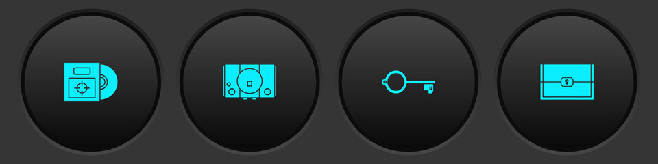 Set CD or DVD disk in box, Video game console, Ancient key for and Chest icon. Vector