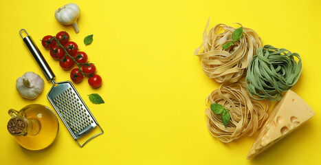 Concept of cooking tasty pasta on yellow background