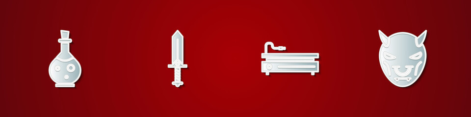 Set Bottle with magic elixir, Sword for game, Video console and Mask of the devil horns icon. Vector