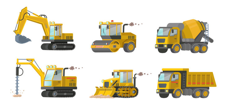 Construction equipment set. Construction site transport, truck, excavator,  roller, drill, loader bulldozer, road roller, drilling tractor, dump truck, concrete mixer.