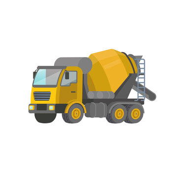 Yellow concrete mixer isolated on white background. Construction machinery flat vector illustration.