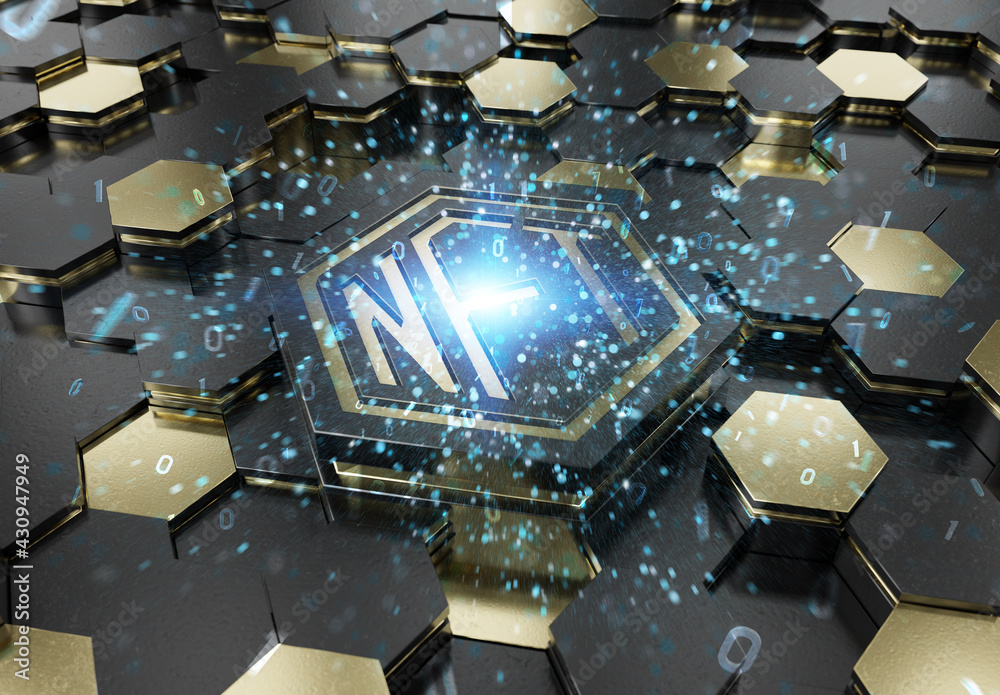 Poster NFT nonfungible tokens concept on hexagonal background. NFT Logo on abstract digital surface. 3d rendering