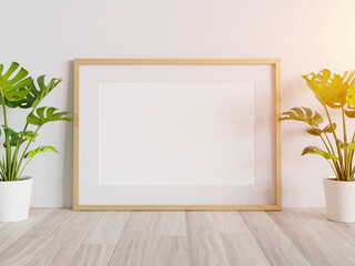 Fototapeta na wymiar Golden frame leaning on floor in interior mockup. Template of a picture framed on a wall 3D rendering