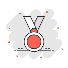Medal icon in comic style. Prize cartoon sign vector illustration on white isolated background. Trophy award splash effect business concept.