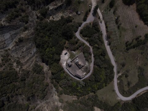Aerial view of agios athanasios ancient monastery of vavouri village near tsamanta in filiates, thesprotia, epirus, greece