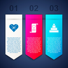 Set Candy in heart shaped box, Envelope with Valentine and Wedding cake. Business infographic template. Vector