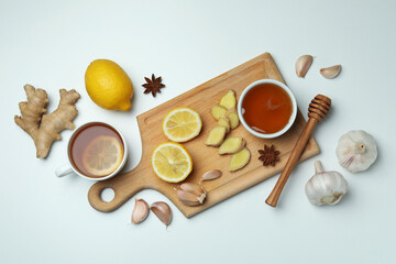 Concept of alternative cold treatment on white background, top view