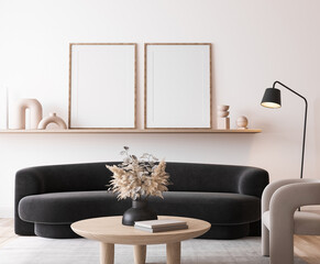 Poster frame mockup in modern living room, black minimal sofa on white wall background, 3d render