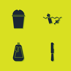 Set Paper glass water, Disposable plastic knife, Bottle for dishwashing liquid and Problem pollution of the ocean icon. Vector