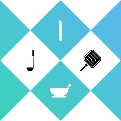 Set Kitchen ladle, Mortar and pestle, Knife and Frying pan icon. Vector