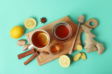 Concept of alternative cold treatment on mint background, top view