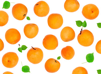 Fresh Apricot fruits with leaves isolated on white background. Top view. Flat lay. Apricot Pattern.