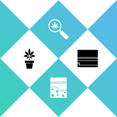 Set Marijuana or cannabis plant, Plastic bag of, Magnifying glass and marijuana and Rolling paper icon. Vector