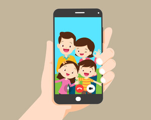 hand hold smartphone video call with family