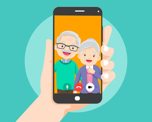 hand hold smartphone video call with grandparent