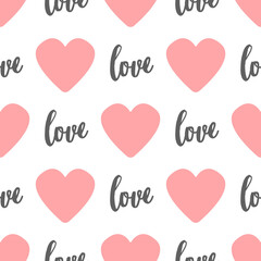 Repeating pink hearts and handwritten word love vector seamless pattern.