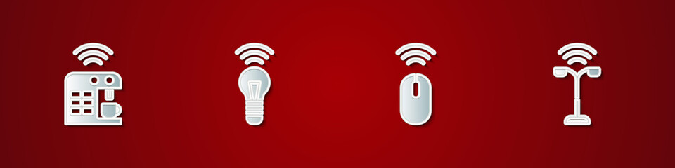 Set Smart coffee machine, light bulb, Wireless mouse and street icon. Vector