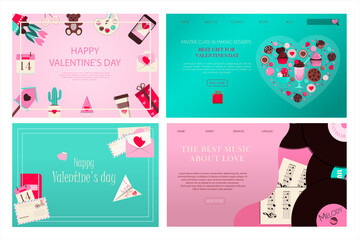 Set of banners for valentine s day. Romantic picture in pink, turquoise and red. A music store with records and songs for the holiday of all lovers. Vector illustration for the app, website and