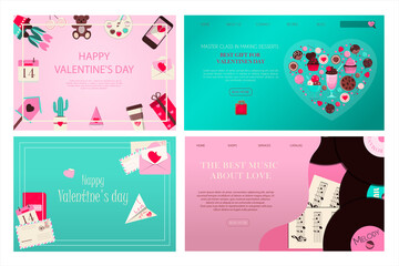Obraz premium Set of banners for valentine s day. Romantic picture in pink, turquoise and red. A music store with records and songs for the holiday of all lovers. Vector illustration for the app, website and