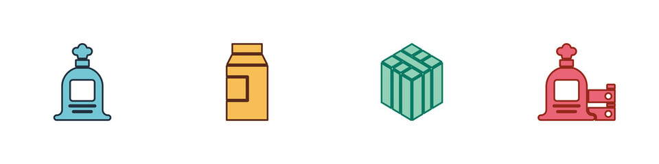 Set Full sack, Paper package for milk, Bale of hay and and wooden box icon. Vector