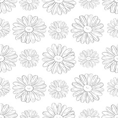 Seamless pattern flowers daisies graphics lines black and white  vector illustration