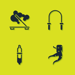 Set Scented spa stick, Ginger root, Pipette and Jump rope icon. Vector