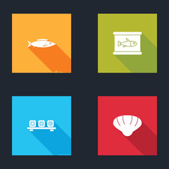 Set Fish, Canned fish, Sushi on cutting board and Scallop sea shell icon. Vector