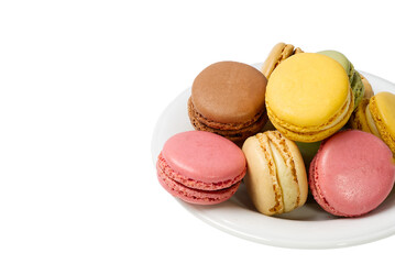 French dessert macaron isolated on white background. Modern Macarons on colorful background. copy space.