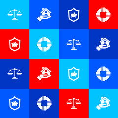 Set Scales of justice, House insurance, Piggy bank with shield and Lifebuoy icon. Vector