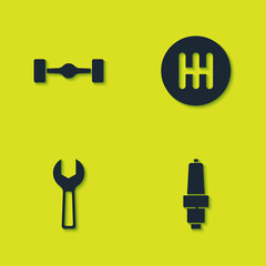 Set Chassis car, Car spark plug, Wrench spanner and Gear shifter icon. Vector
