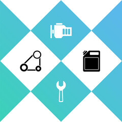 Set Timing belt kit, Wrench spanner, Check engine and Canister for gasoline icon. Vector