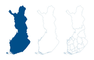 Finland map vector. High detailed vector outline, blue silhouette and administrative divisions map of Finland. All isolated on white background. Template for website, design, cover, infographics