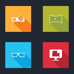 Set Media projector, Online play video, 3D cinema glasses and Camera and location icon. Vector